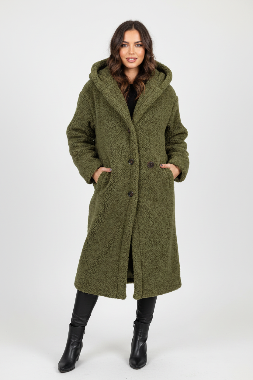 Green - A woman wearing a mid-length olive green textured teddy coat with a large hood, styled over a black turtleneck sweater and black sunglasses against a plain white background.