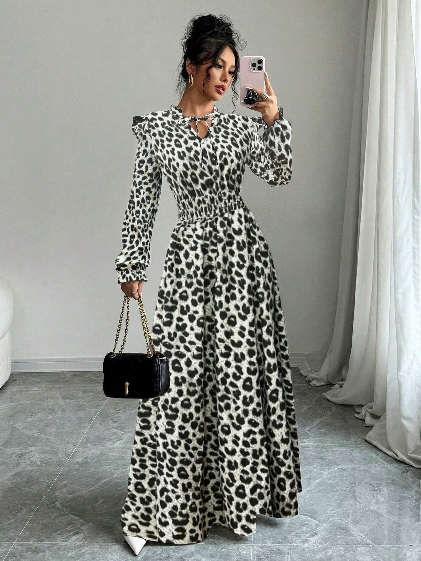 Crepe Floral Long Sleeve Shirred Tie Neck Maxi Dress