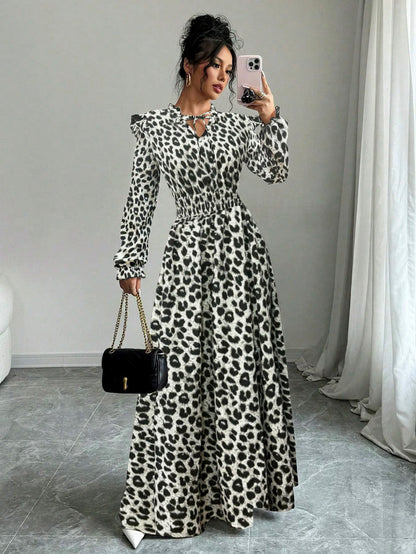 Crepe Floral Long Sleeve Shirred Tie Neck Maxi Dress