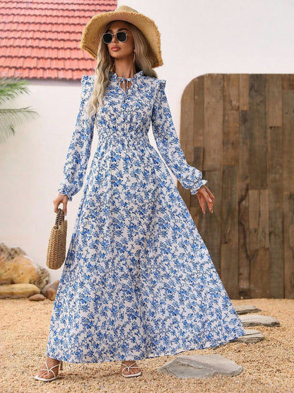 Crepe Floral Long Sleeve Shirred Tie Neck Maxi Dress
