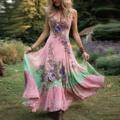 Layered Floral Applique Maxi Dress