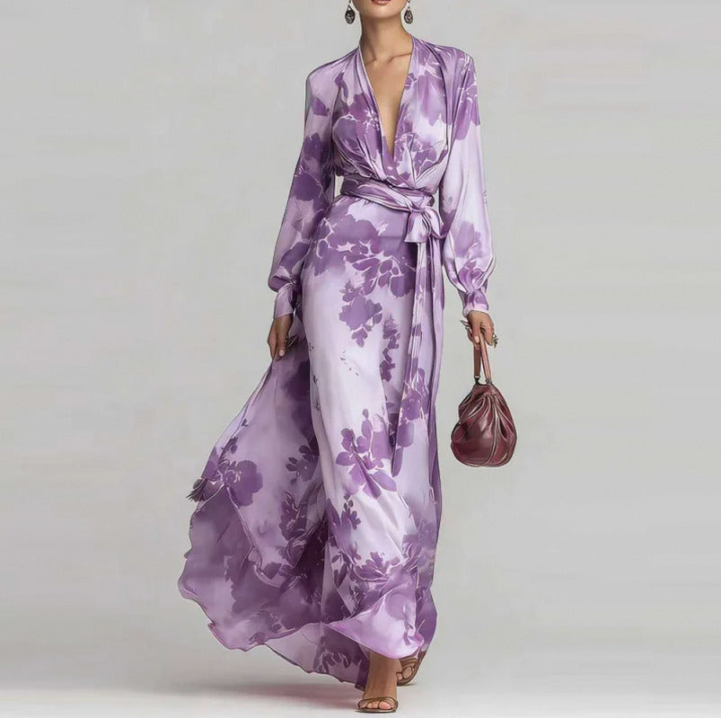Georgette Floral Long Sleeve Layered Tie Waist Maxi Dress