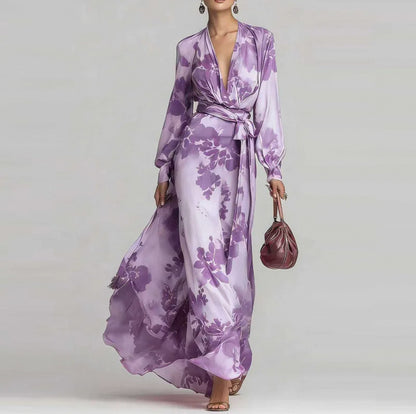 Georgette Floral Long Sleeve Layered Tie Waist Maxi Dress