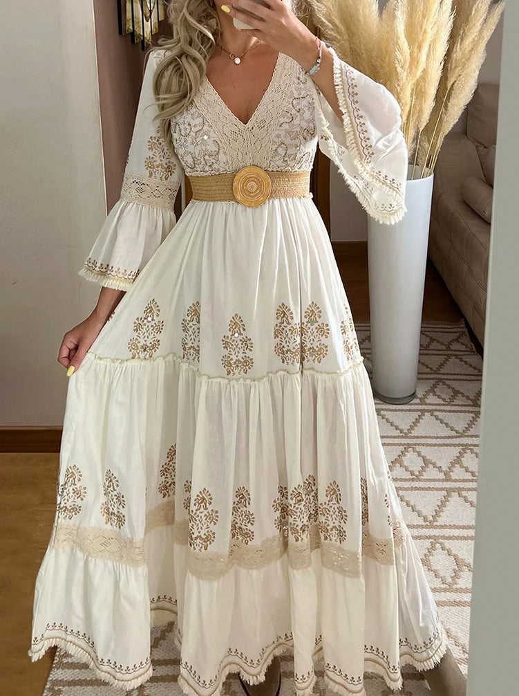 Embroidered Bell Sleeve Maxi Dress