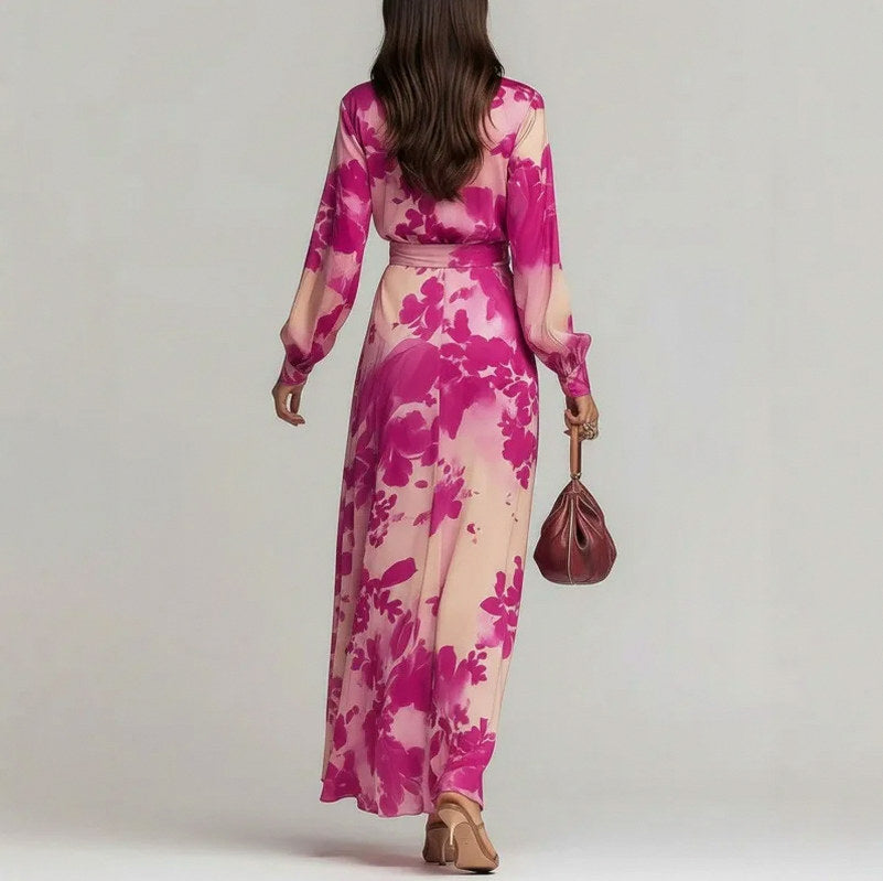 Georgette Floral Long Sleeve Layered Tie Waist Maxi Dress