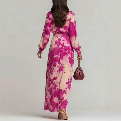 Georgette Floral Long Sleeve Layered Tie Waist Maxi Dress