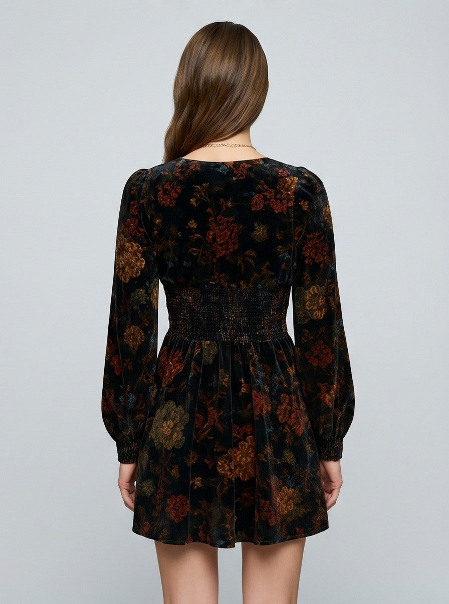 Velvet Floral Shirred Mini Dress