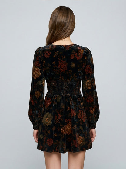 Velvet Floral Shirred Mini Dress