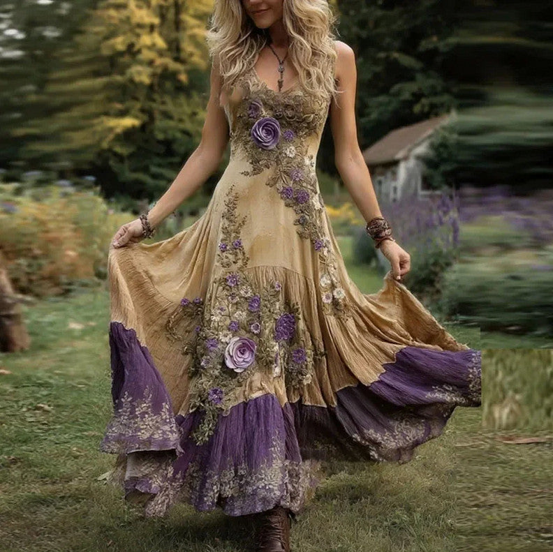 Layered Floral Applique Maxi Dress