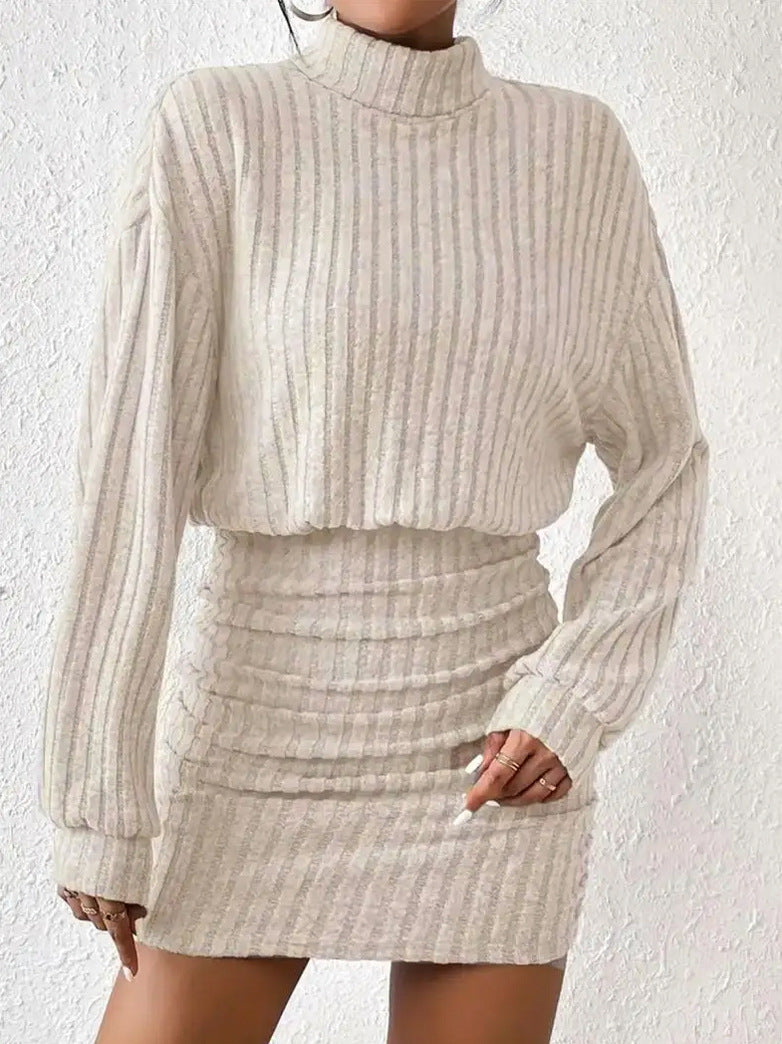 Ribbed Turtleneck Ruched Mini Dress