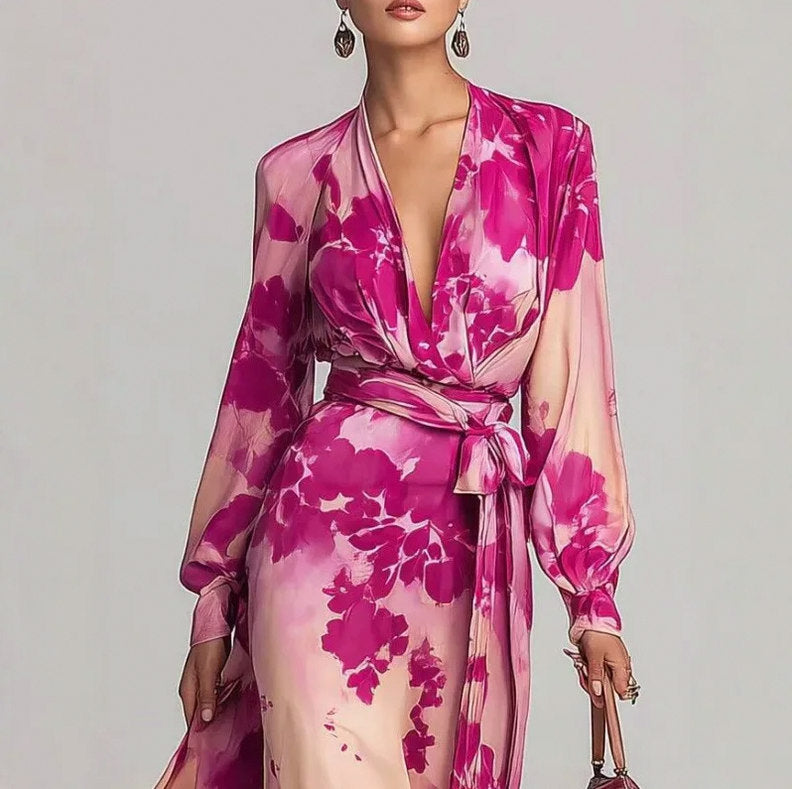 Georgette Floral Long Sleeve Layered Tie Waist Maxi Dress