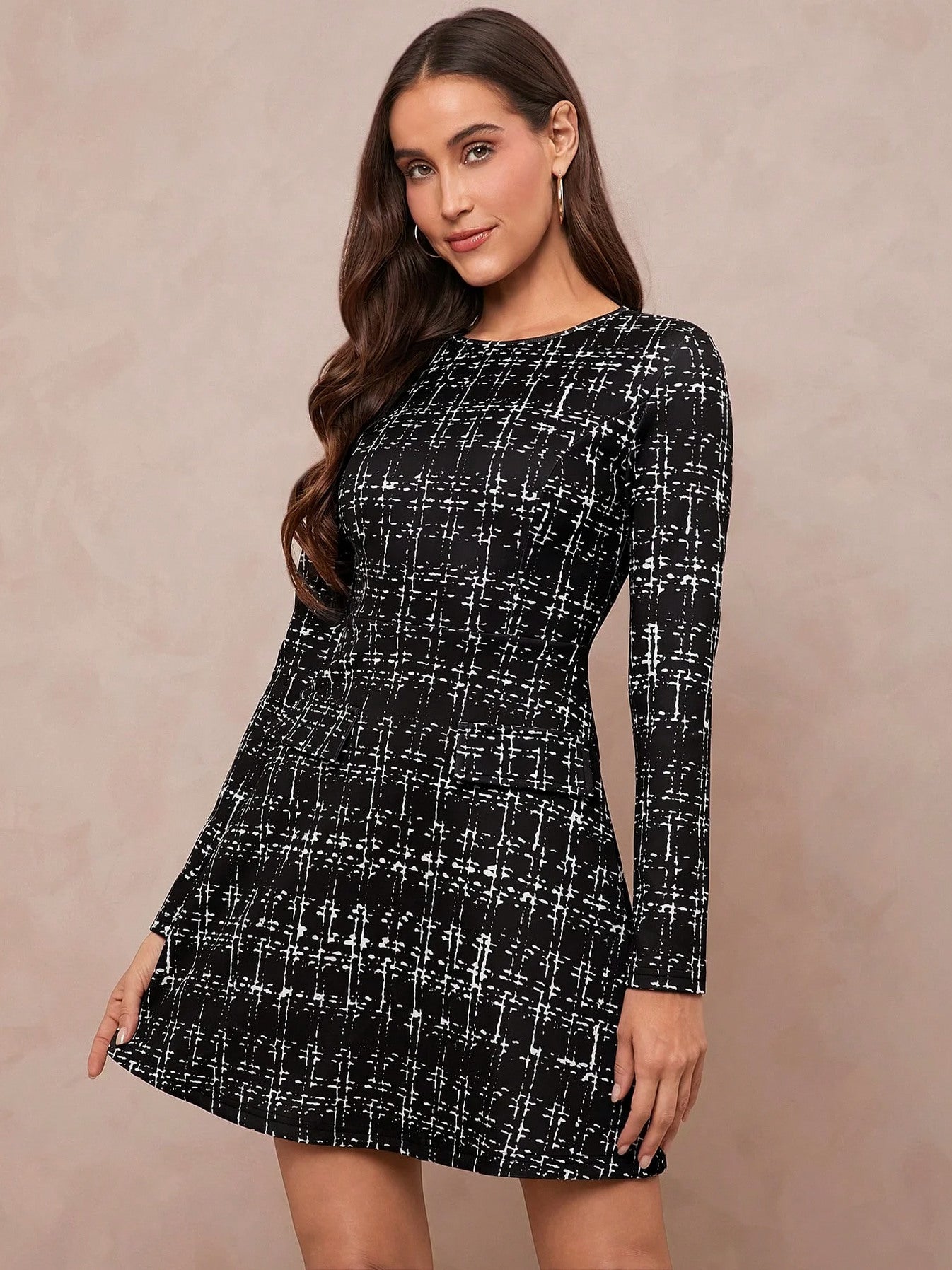 Abstract Grid Long Sleeve Mini Dress