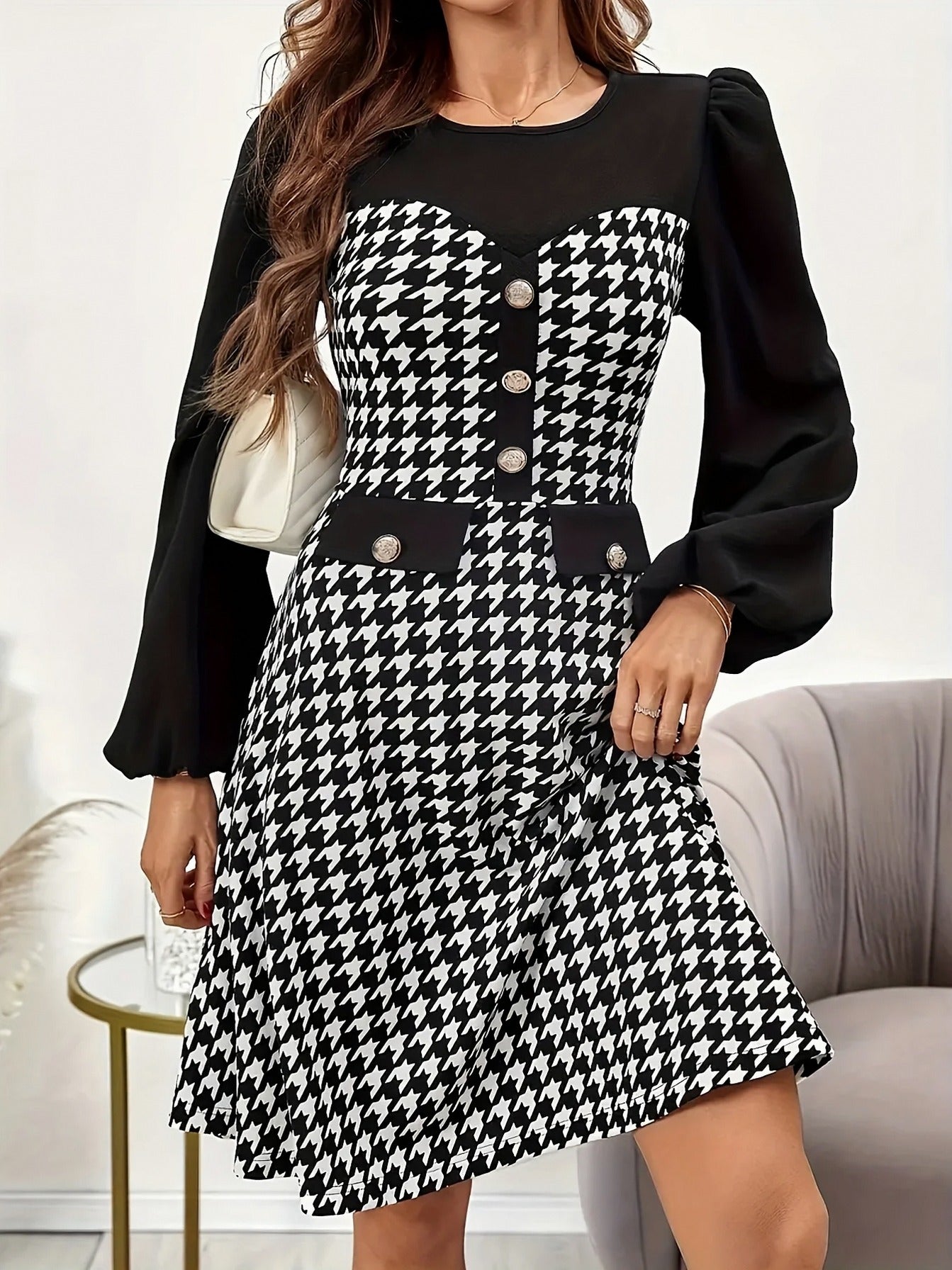 Houndstooth Long Sleeve Mini Dress