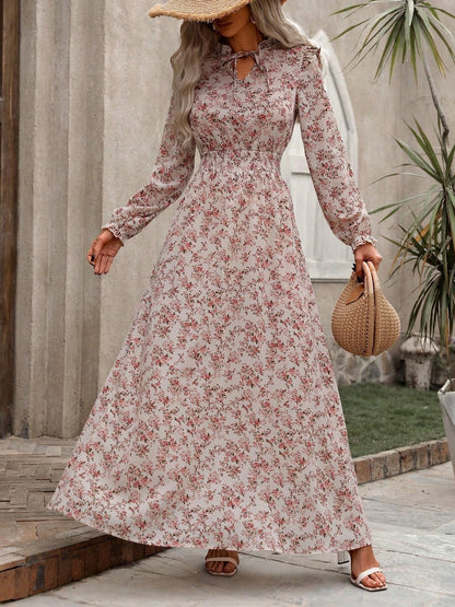 Crepe Floral Long Sleeve Shirred Tie Neck Maxi Dress