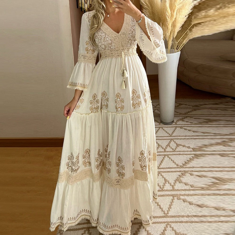 Embroidered Bell Sleeve Maxi Dress