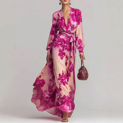 Georgette Floral Long Sleeve Layered Tie Waist Maxi Dress