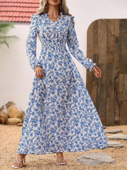 Crepe Floral Long Sleeve Shirred Tie Neck Maxi Dress