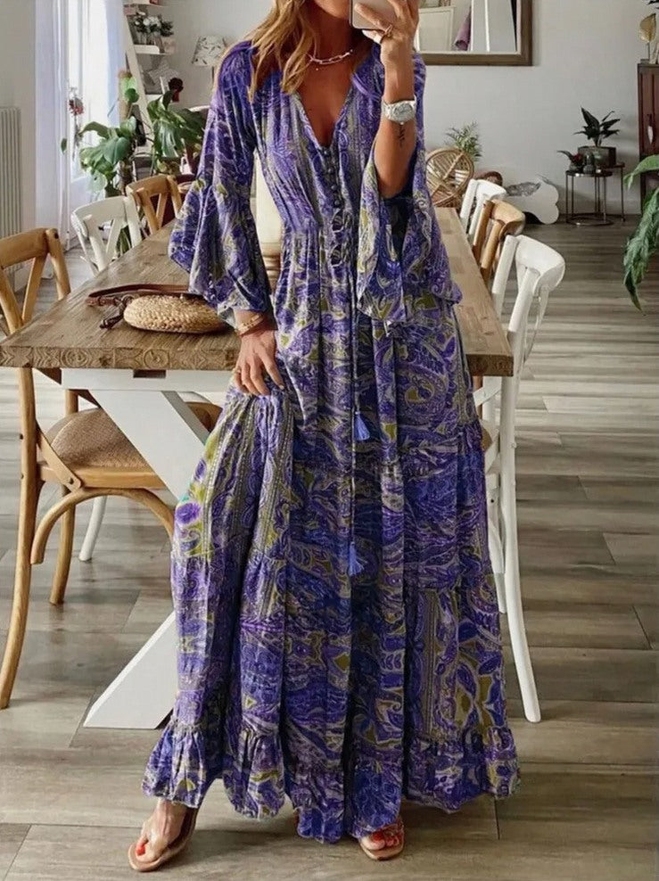 Paisley Tiered Long Sleeve Maxi Dress