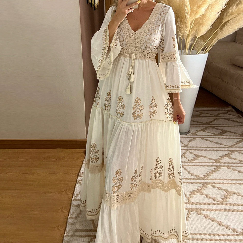 Embroidered Bell Sleeve Maxi Dress
