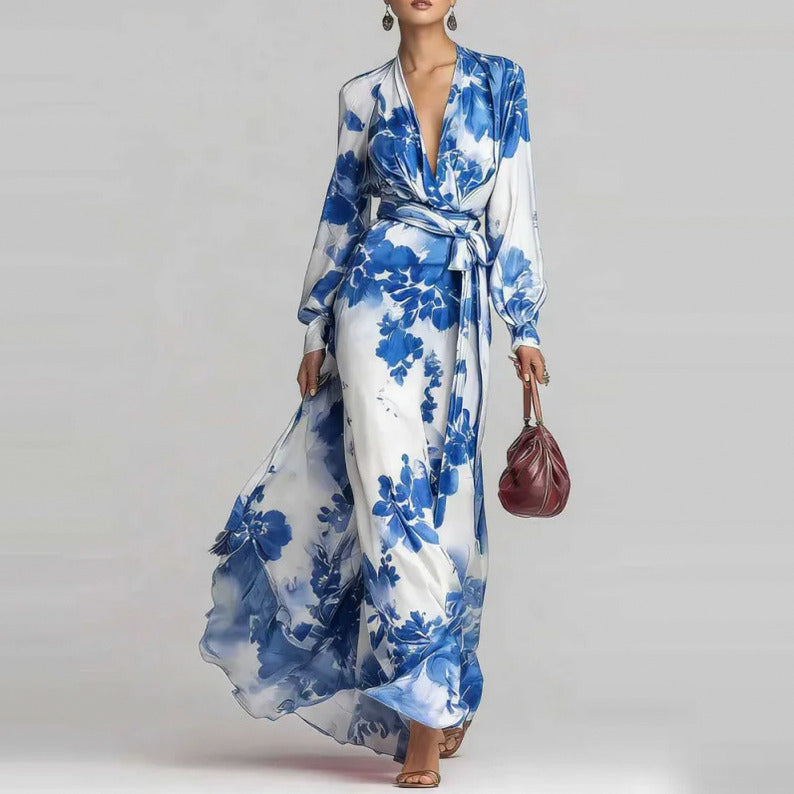 Georgette Floral Long Sleeve Layered Tie Waist Maxi Dress