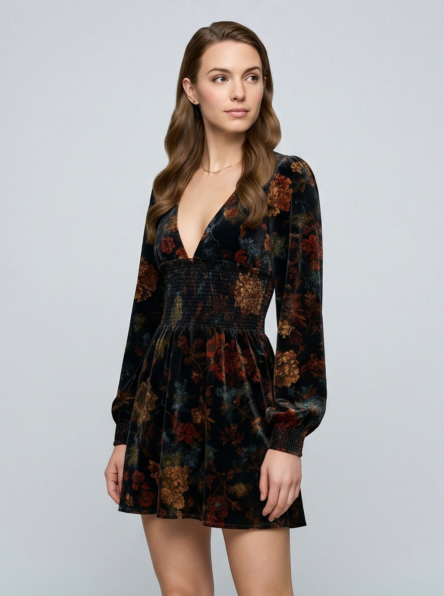 Velvet Floral Shirred Mini Dress