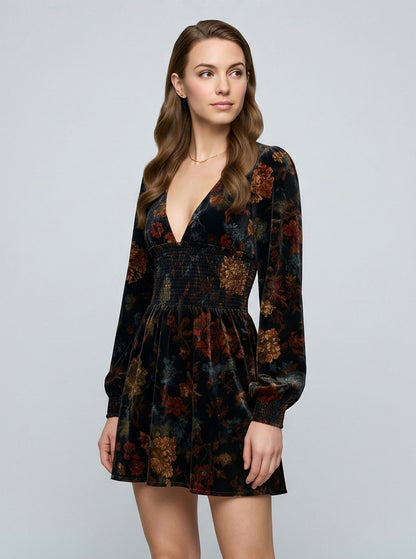 Velvet Floral Shirred Mini Dress
