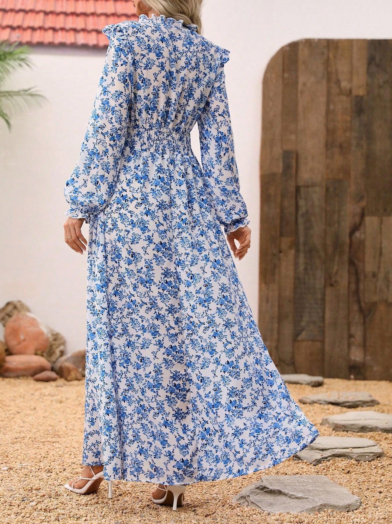 Crepe Floral Long Sleeve Shirred Tie Neck Maxi Dress