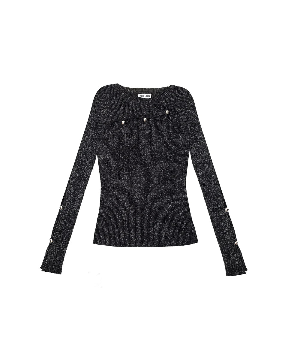 BLACK - Women's dark burgundy ribbed knit long-sleeve top featuring cut-out details across the chest and forearms, held together by round metallic hardware.