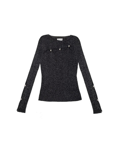 BLACK - Women's dark burgundy ribbed knit long-sleeve top featuring cut-out details across the chest and forearms, held together by round metallic hardware.