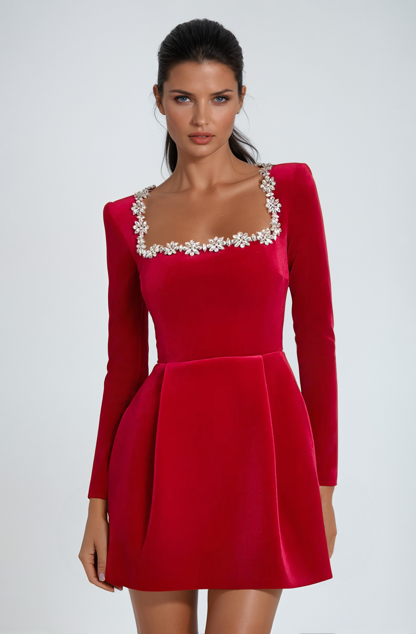 White - Women's heavyweight velvet long sleeve mini dress featuring a structured A-line skirt and intricate crystal floral embellishments.