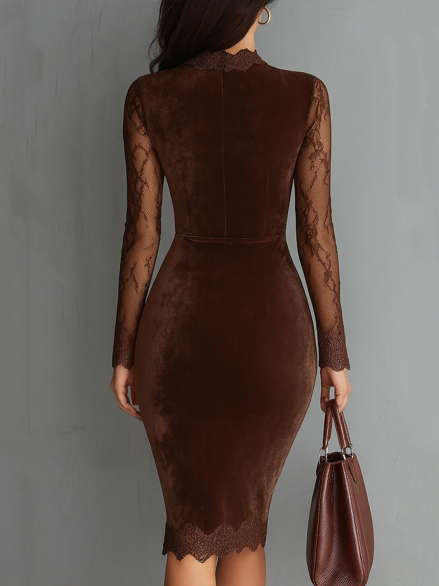 UK 18 (2XL) - Women's long sleeve midi dress featuring a velvet bodycon silhouette with sheer lace sleeves, a chest cutout, and scalloped lace trim.