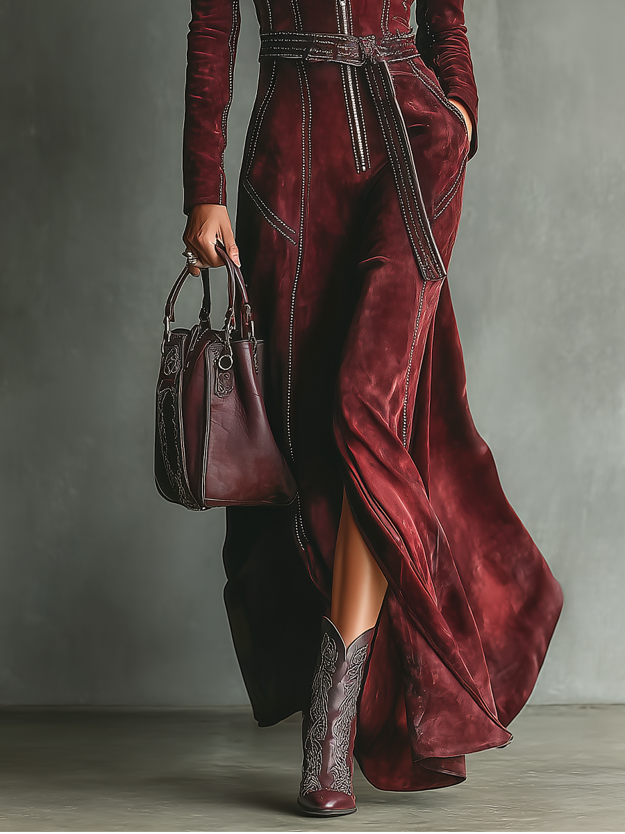 Burgundy - A model wears a long-sleeved, deep burgundy velvet maxi dress featuring a zip-front closure, lapel collar, contrast stitching, and a matching belted waist, paired with embroidered boots.