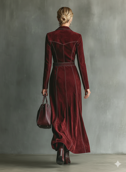 Burgundy - A model wears a long-sleeved, deep burgundy velvet maxi dress featuring a zip-front closure, lapel collar, contrast stitching, and a matching belted waist, paired with embroidered boots.