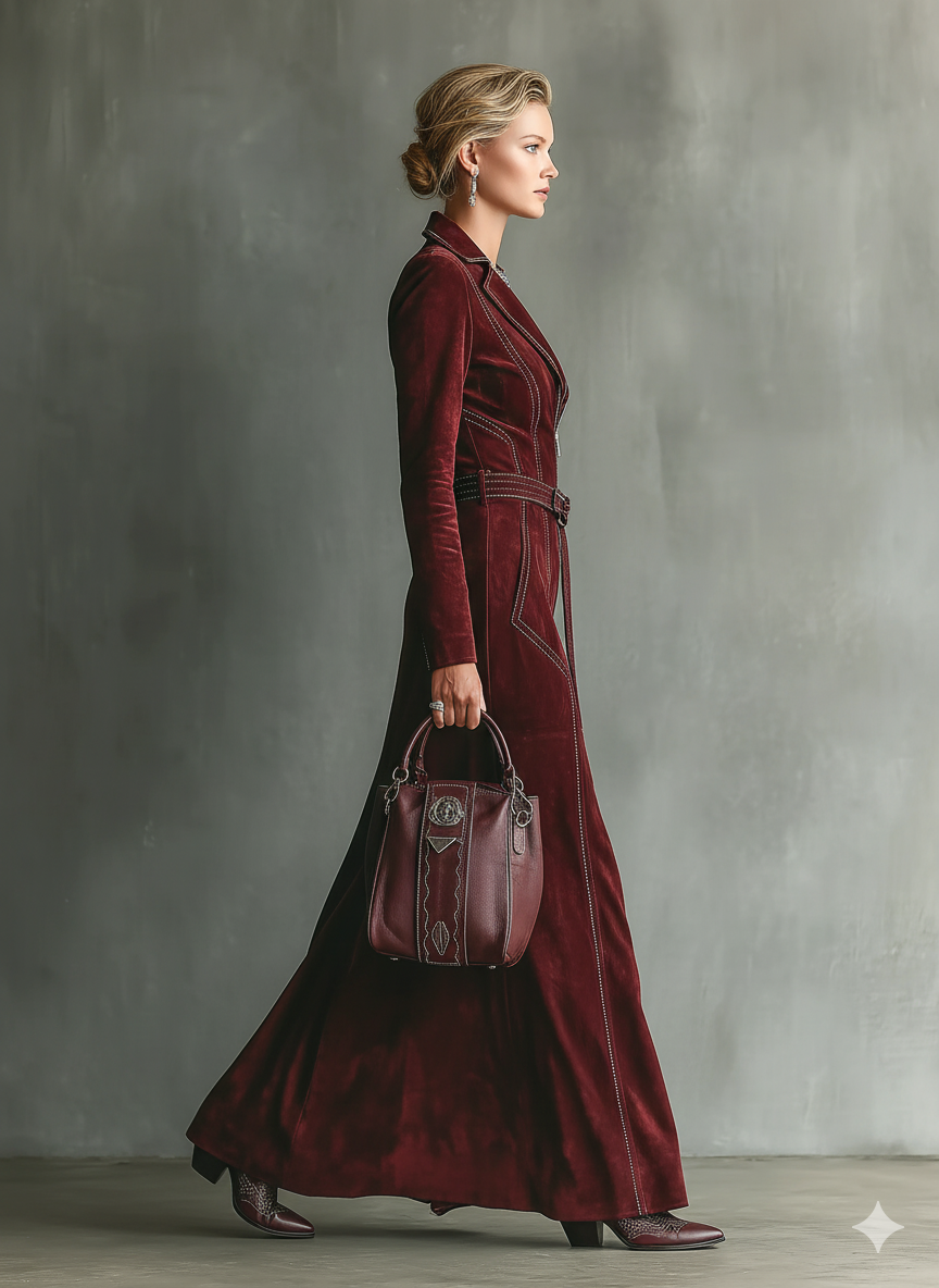 Burgundy - A model wears a long-sleeved, deep burgundy velvet maxi dress featuring a zip-front closure, lapel collar, contrast stitching, and a matching belted waist, paired with embroidered boots.