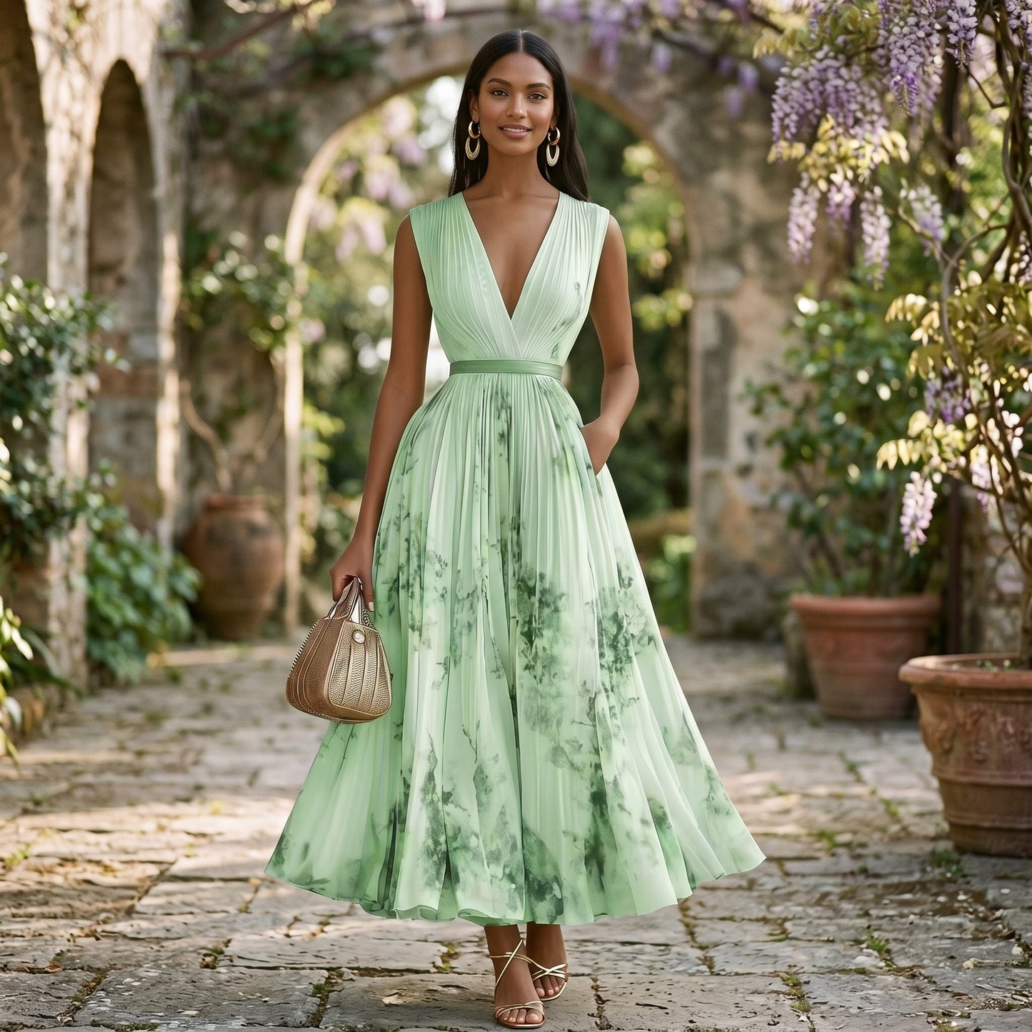 Purple - A woman wearing a light blue long-sleeve maxi dress with a deep V-neck, pleated bodice and skirt, featuring a blue and grey watercolour floral print.
