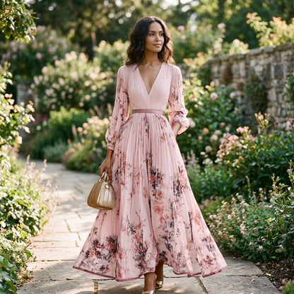 Purple - A woman wearing a light blue long-sleeve maxi dress with a deep V-neck, pleated bodice and skirt, featuring a blue and grey watercolour floral print.