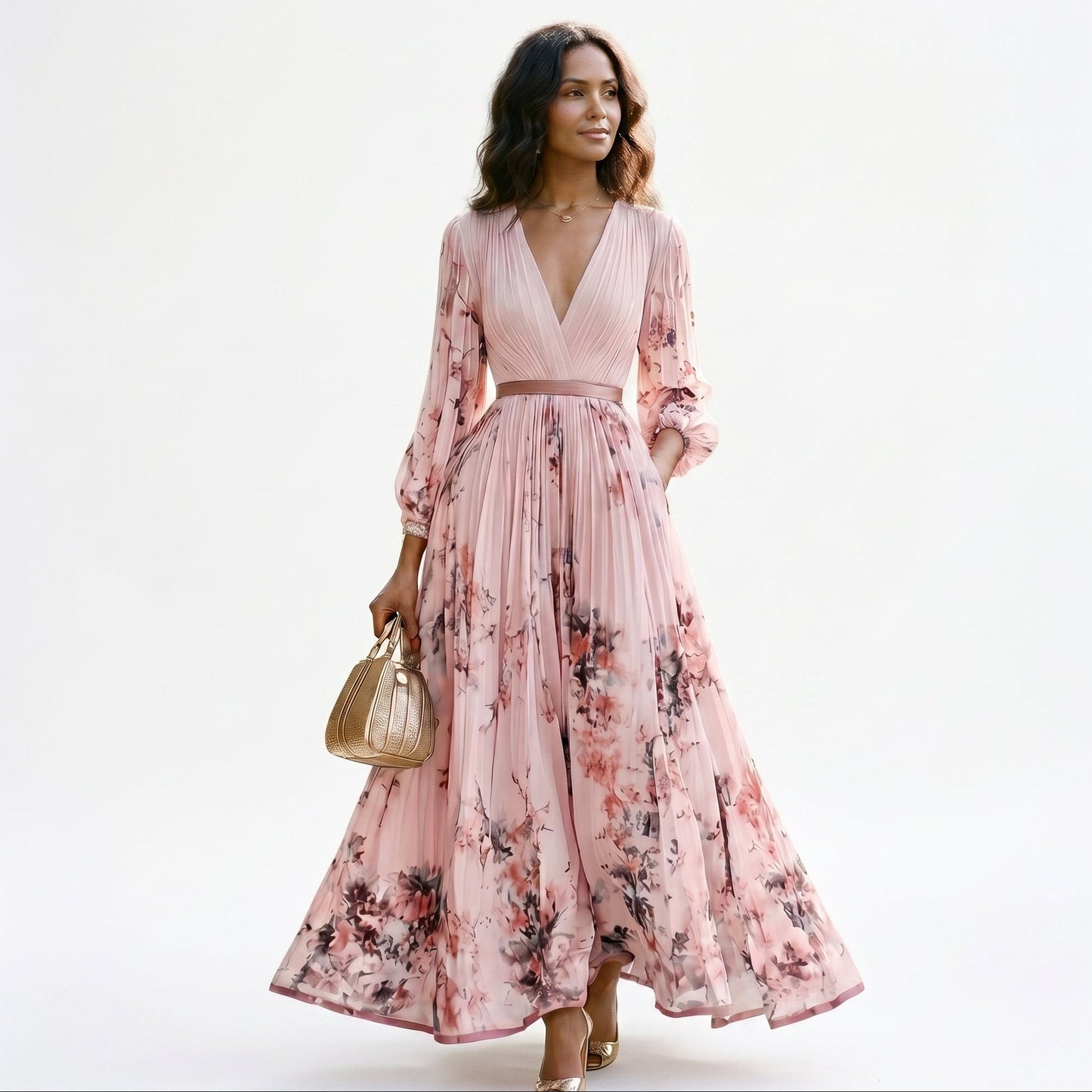 Pink - A woman wearing a light blue long-sleeve maxi dress with a deep V-neck, pleated bodice and skirt, featuring a blue and grey watercolour floral print.