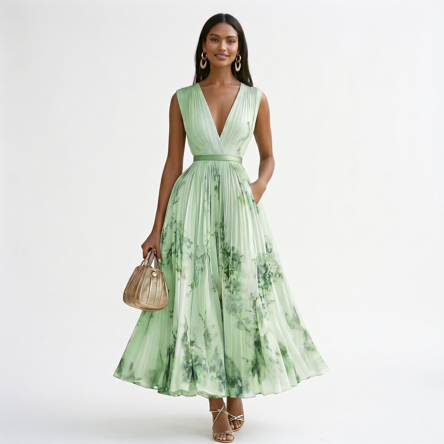 Green - A woman wearing a light blue long-sleeve maxi dress with a deep V-neck, pleated bodice and skirt, featuring a blue and grey watercolour floral print.