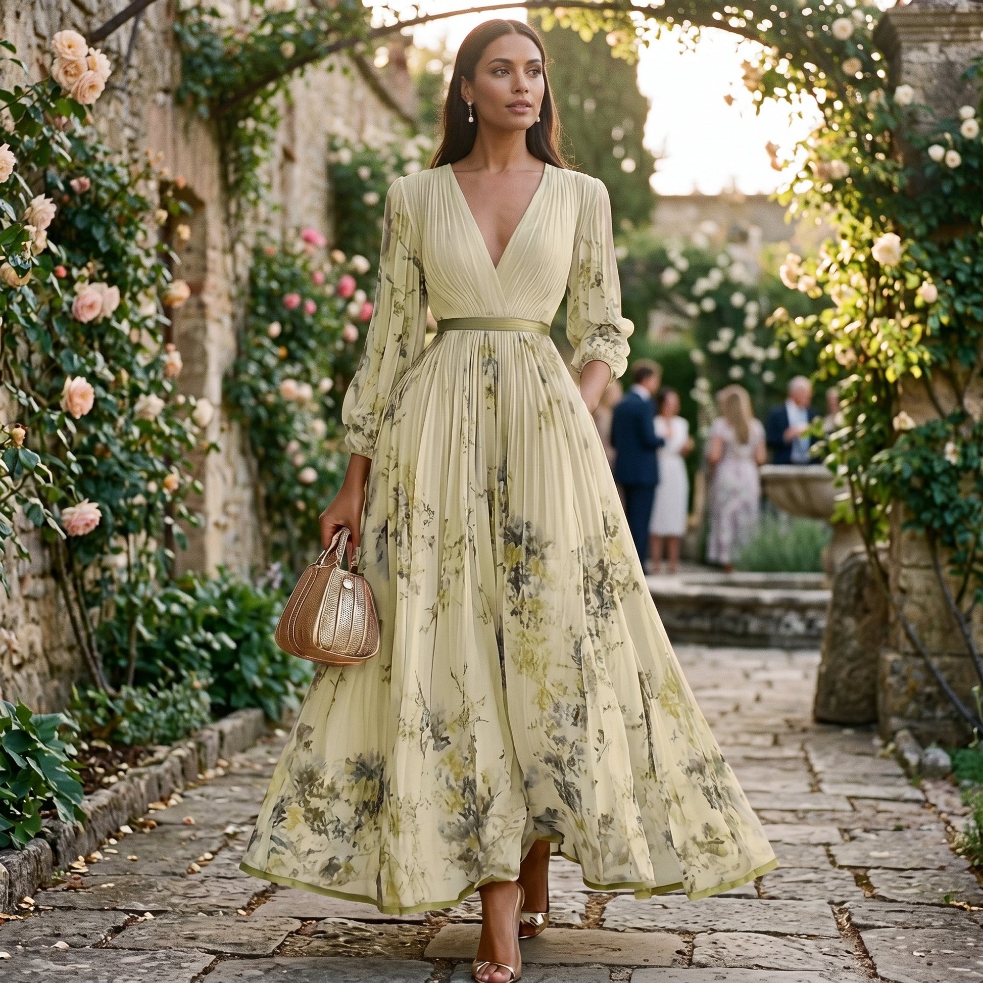 Purple - A woman wearing a light blue long-sleeve maxi dress with a deep V-neck, pleated bodice and skirt, featuring a blue and grey watercolour floral print.