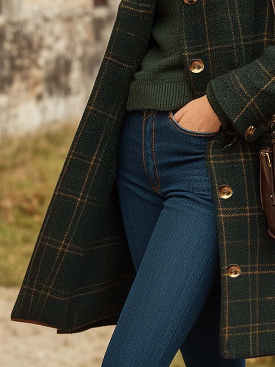 Green - A woman wearing a dark green windowpane check mid-length coat over a forest green turtleneck sweater and blue jeans, carrying a brown leather shoulder bag.