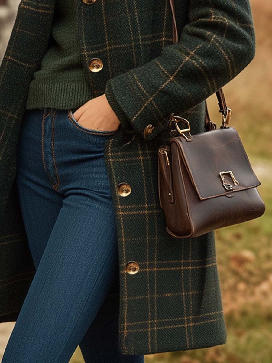 Green - A woman wearing a dark green windowpane check mid-length coat over a forest green turtleneck sweater and blue jeans, carrying a brown leather shoulder bag.
