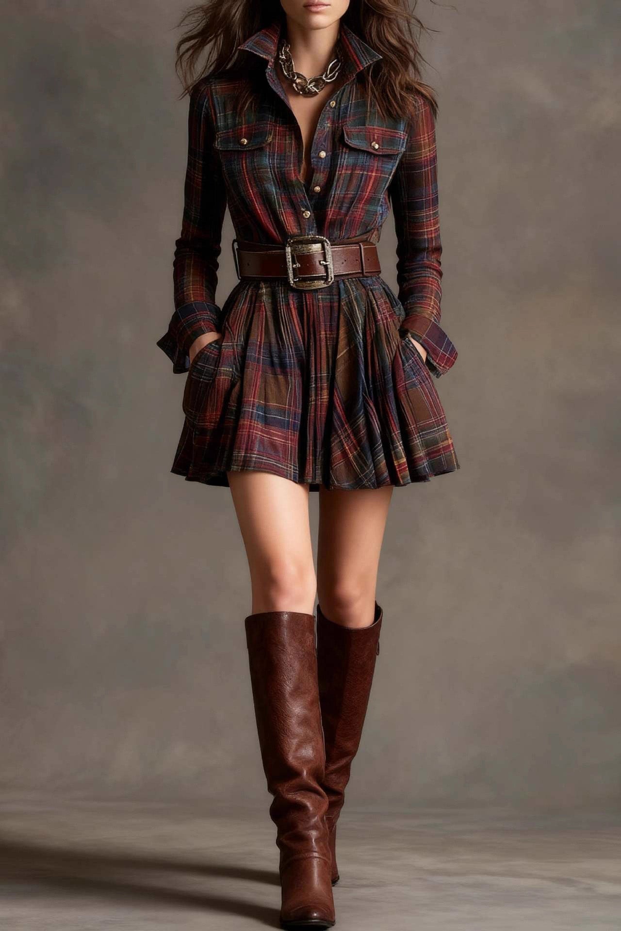 Model wearing a woven plaid long-sleeve mini shirtdress with a pleated skirt, styled with a wide statement belt and knee-high leather boots.
