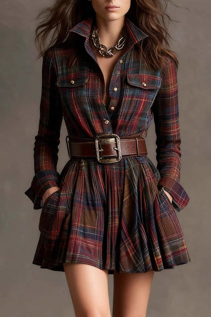 Red - Model wearing a woven plaid long-sleeve mini shirtdress with a pleated skirt, styled with a wide statement belt and knee-high leather boots.