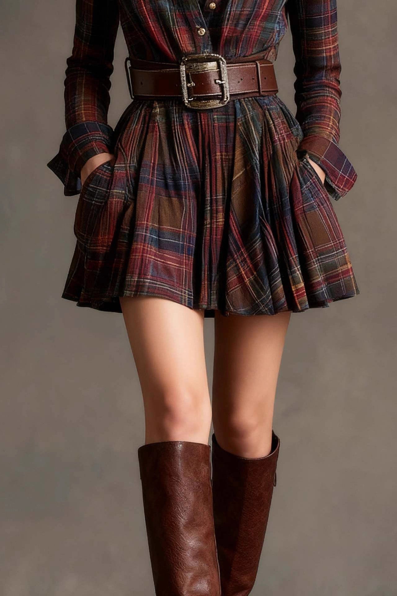 Red - Model wearing a woven plaid long-sleeve mini shirtdress with a pleated skirt, styled with a wide statement belt and knee-high leather boots.