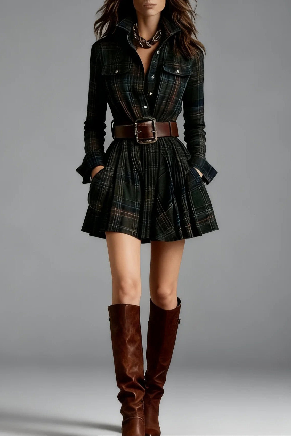 Green - Model wearing a woven plaid long-sleeve mini shirtdress with a pleated skirt, styled with a wide statement belt and knee-high leather boots.
